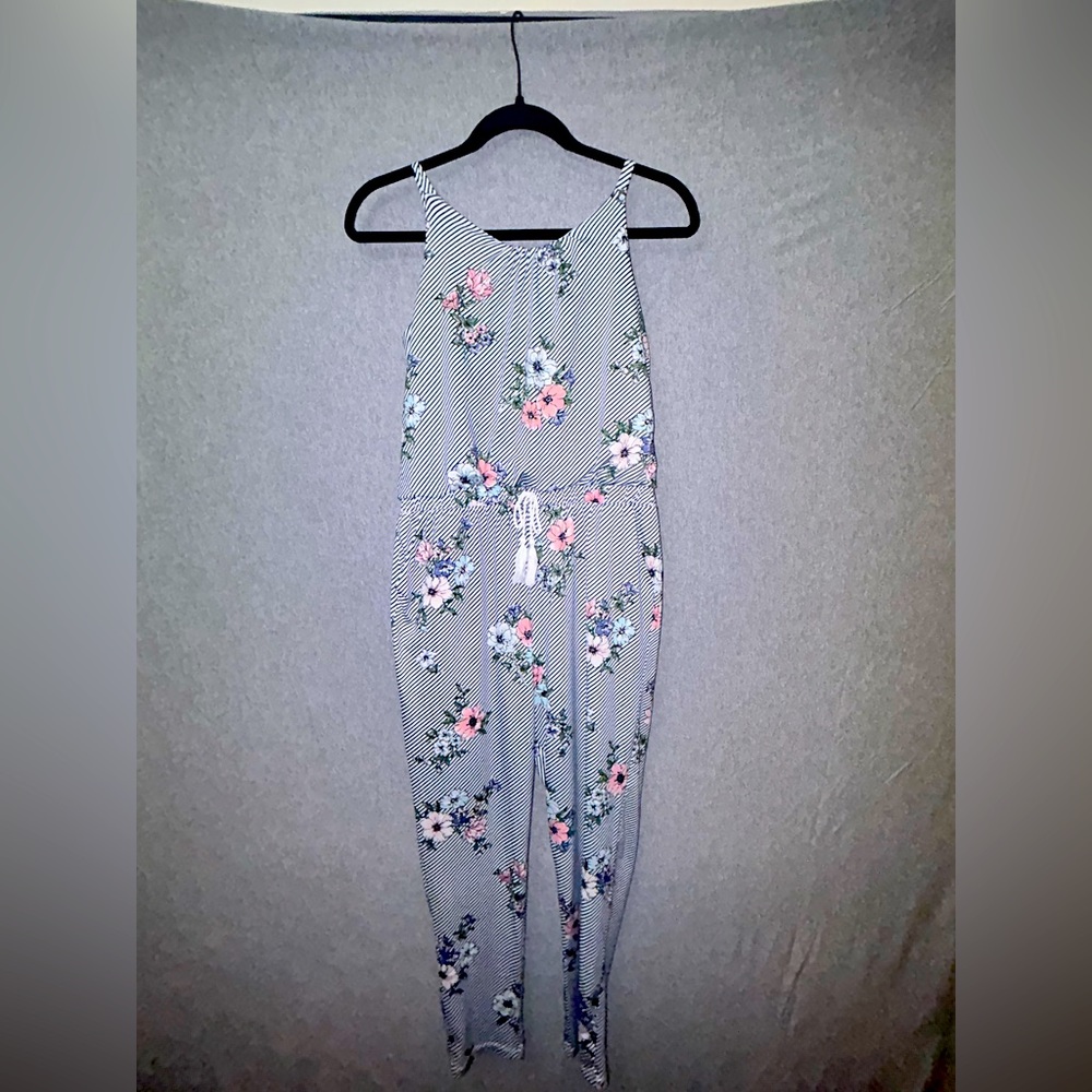 Stripped & floral one piece jumpsuit navy blue & white